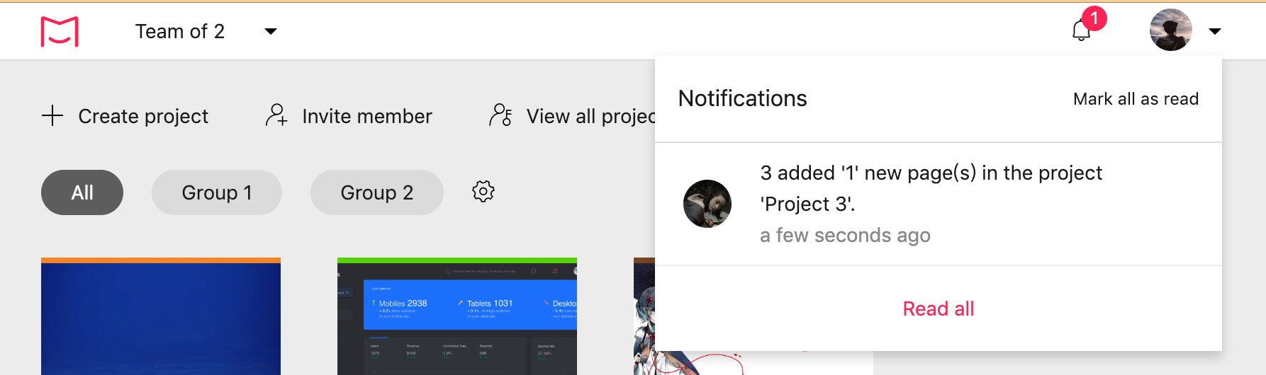 Real-time notifications on project changes