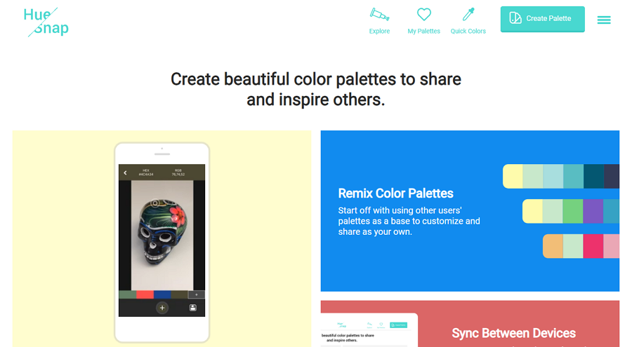 Herramienta de generación y uso compartido de paleta de colores personalizables de Hue Snap